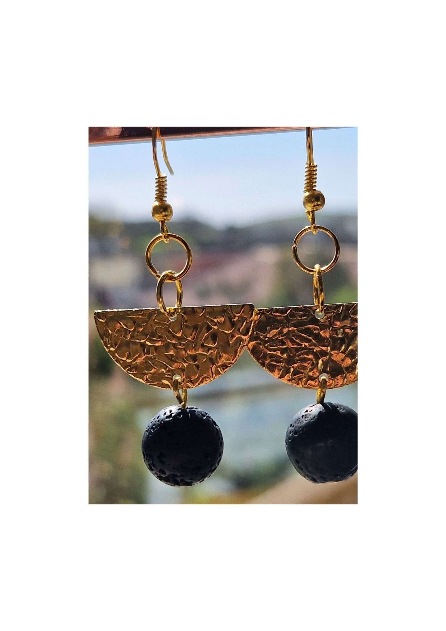Lava Bead Earrings - with Embossed Raw Brass Semi Circle