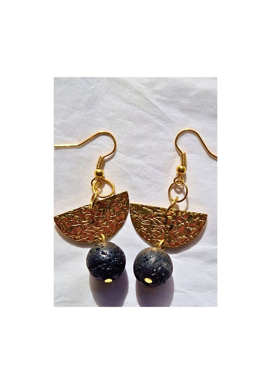 Lava Bead Earrings - with Embossed Raw Brass Semi Circle