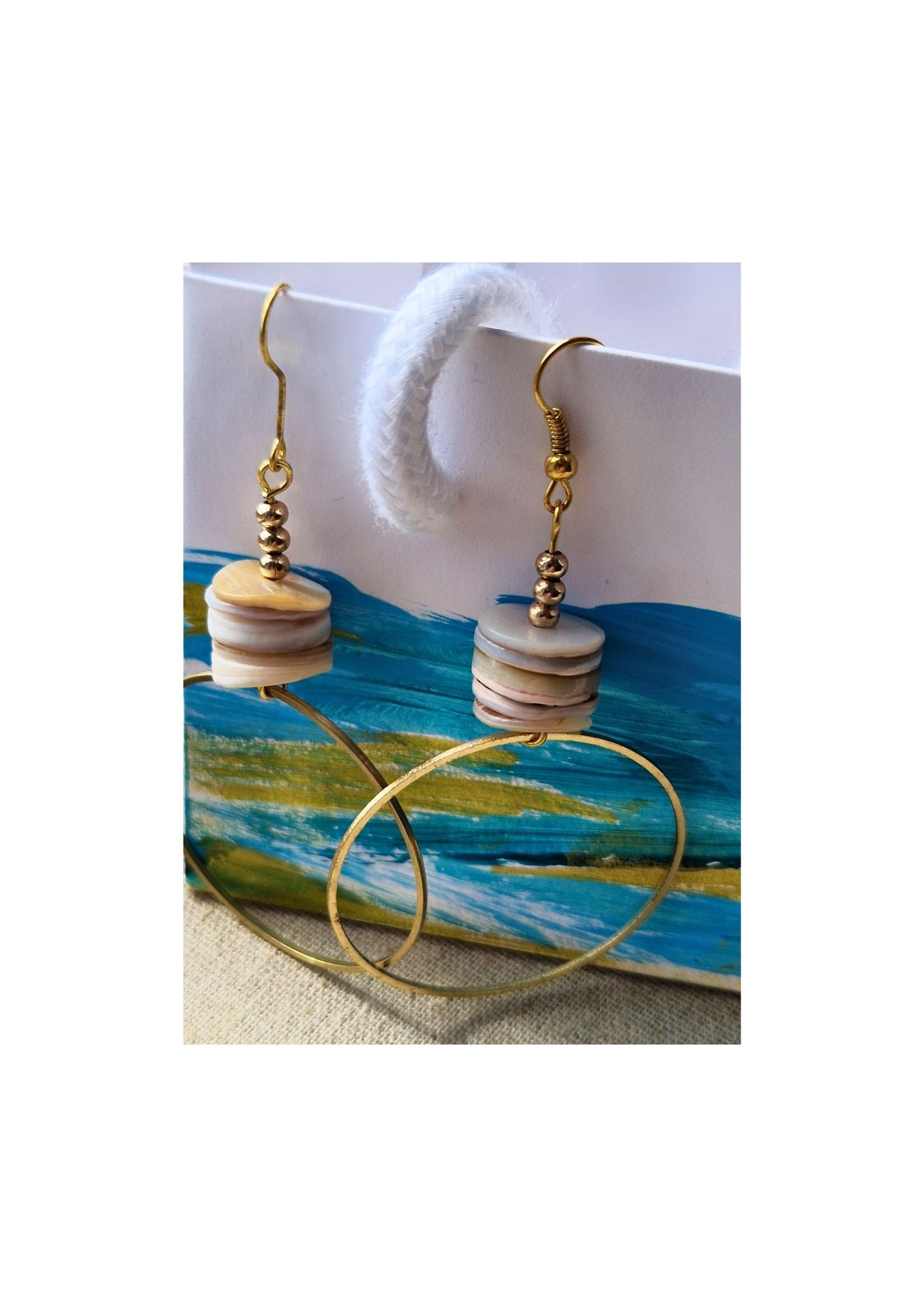 Raw Brass Hoop Earrings - with Shell Disc Stems