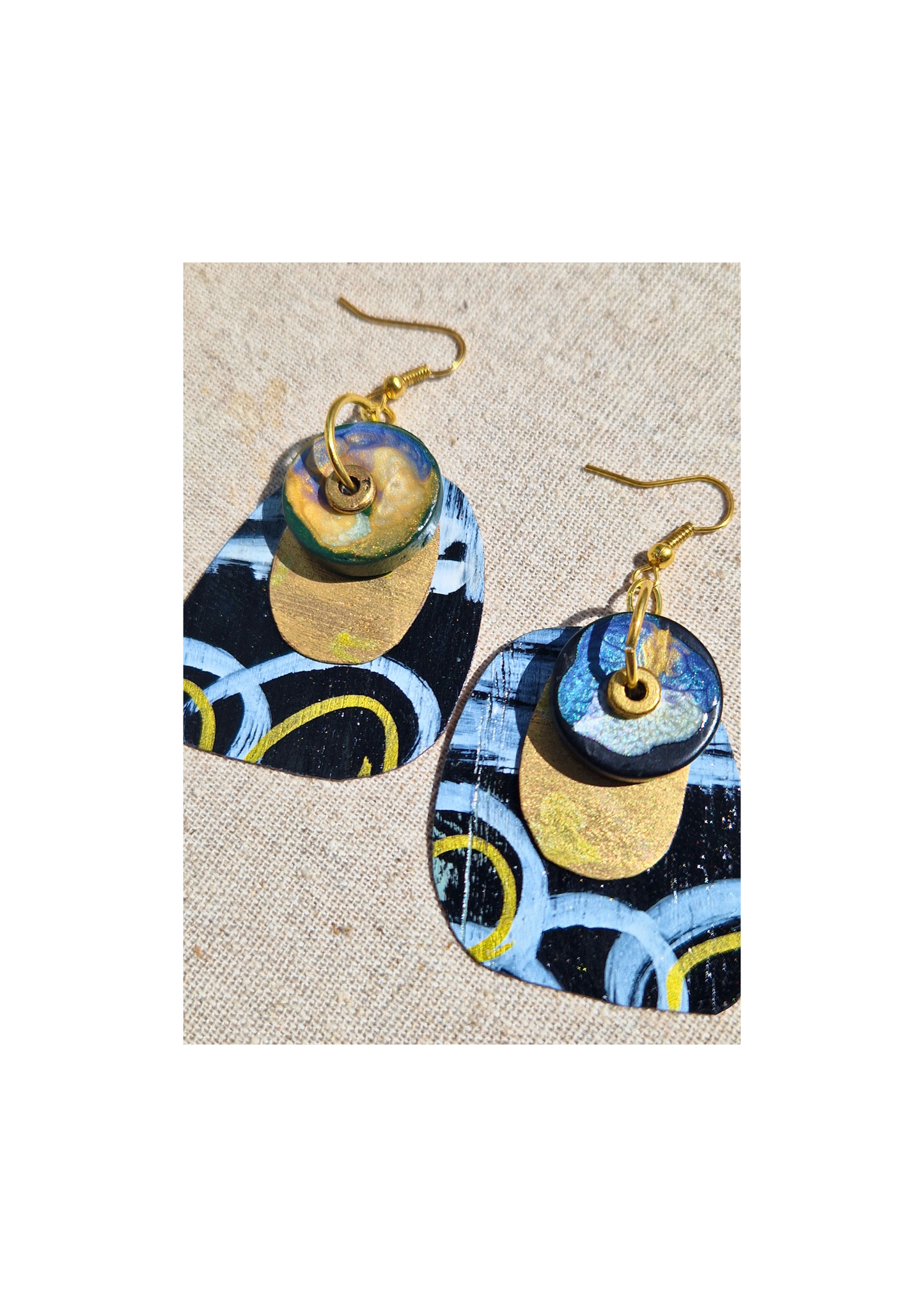 Earrings , Original Abstract hand-painted Veneer and Wooden bead (lightweight )