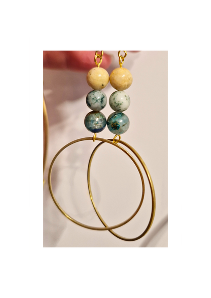 Raw Brass Hoop Earrings - with Polished Stone Stems