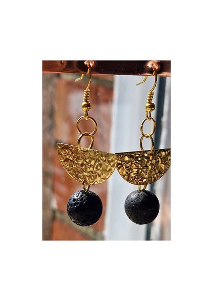 Lava Bead Earrings - with Embossed Raw Brass Semi Circle