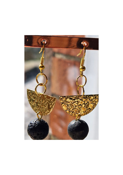 Lava Bead Earrings - with Embossed Raw Brass Semi Circle