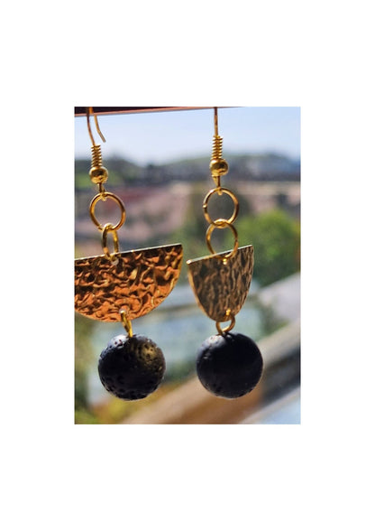 Lava Bead Earrings - with Embossed Raw Brass Semi Circle