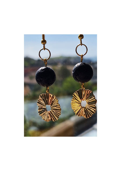 Raw Brass Sunshine Earrings - Large Lava Bead feature. Lightweight