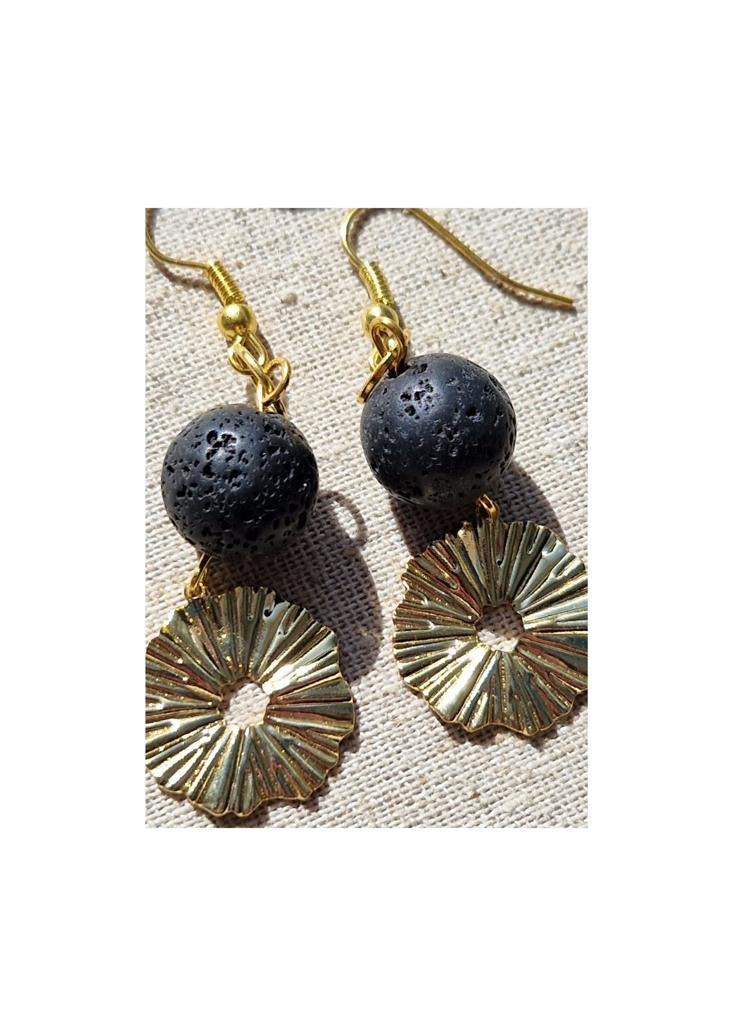 Raw Brass Sunshine Earrings - Large Lava Bead feature. Lightweight