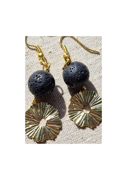 Raw Brass Sunshine Earrings - Large Lava Bead feature. Lightweight