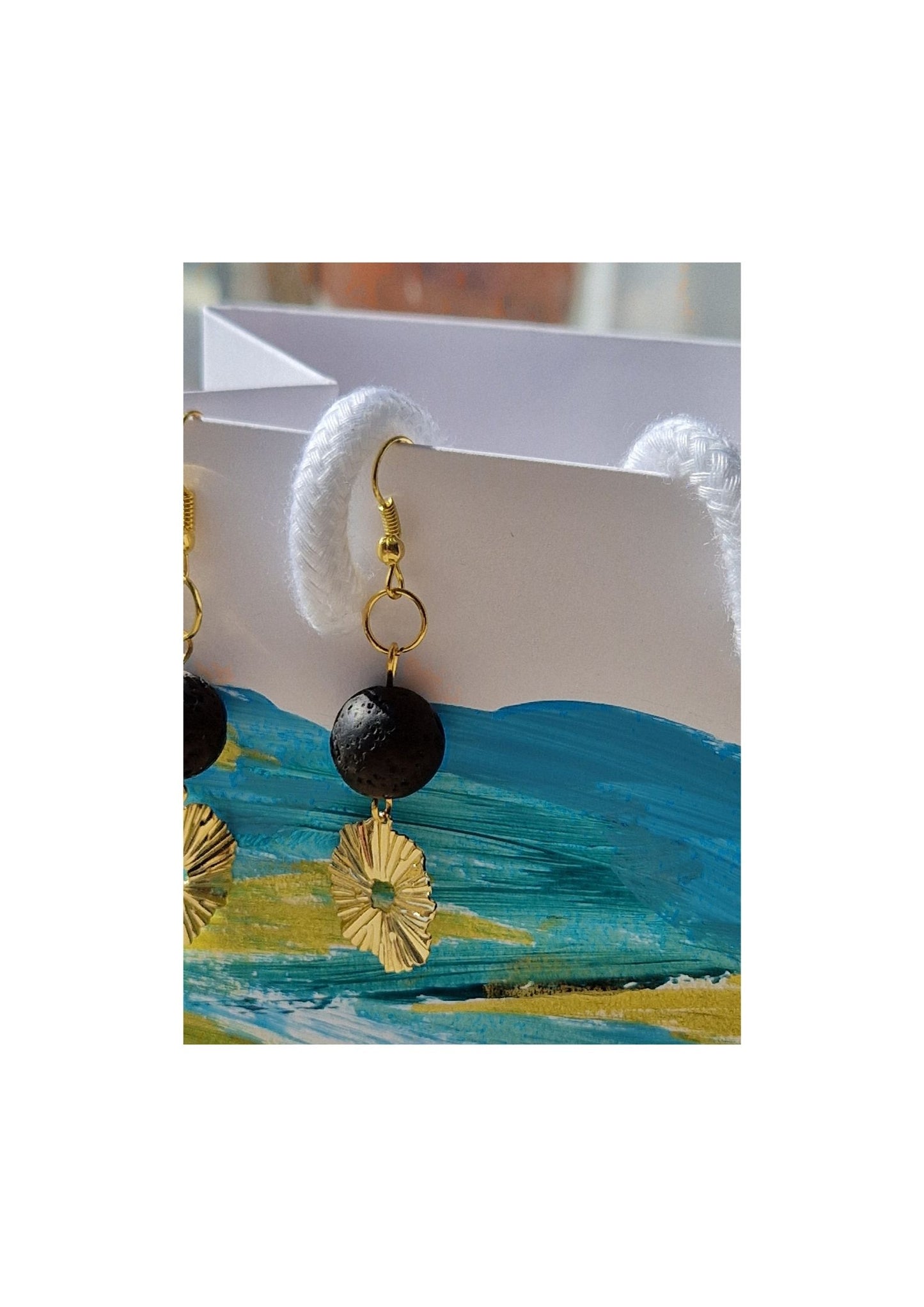 Raw Brass Sunshine Earrings - Large Lava Bead feature. Lightweight