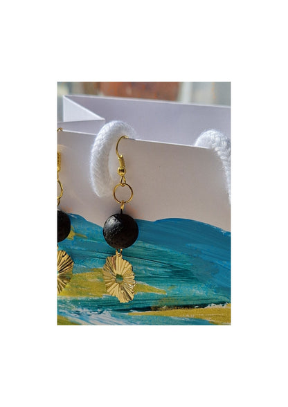 Raw Brass Sunshine Earrings - Large Lava Bead feature. Lightweight