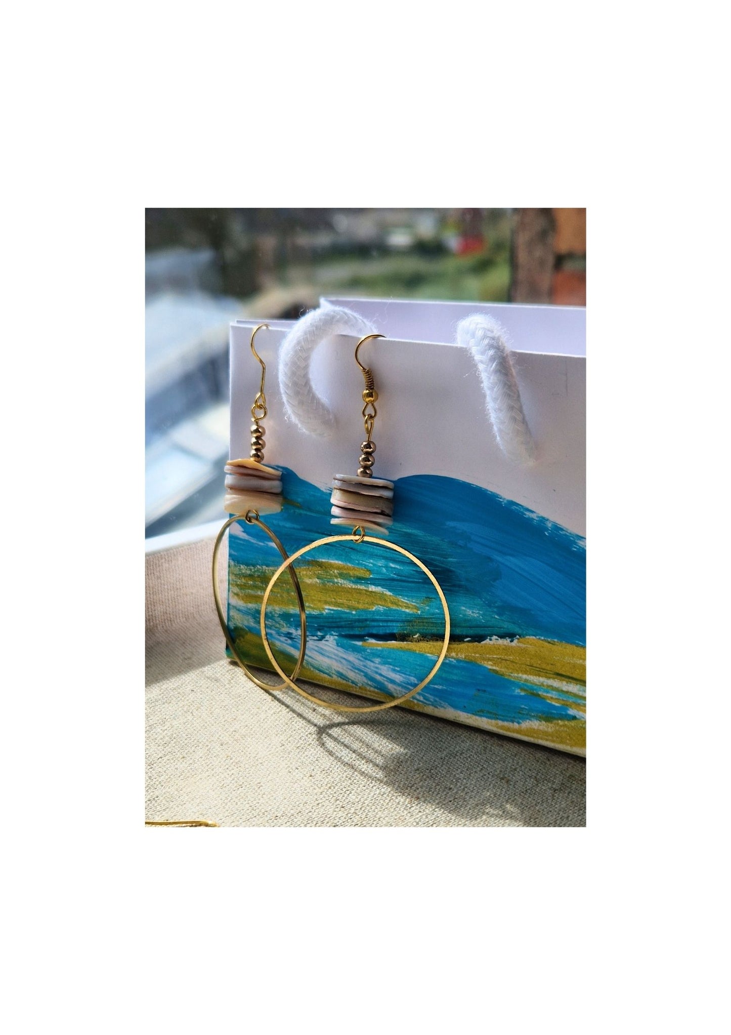 Raw Brass Hoop Earrings - with Shell Disc Stems