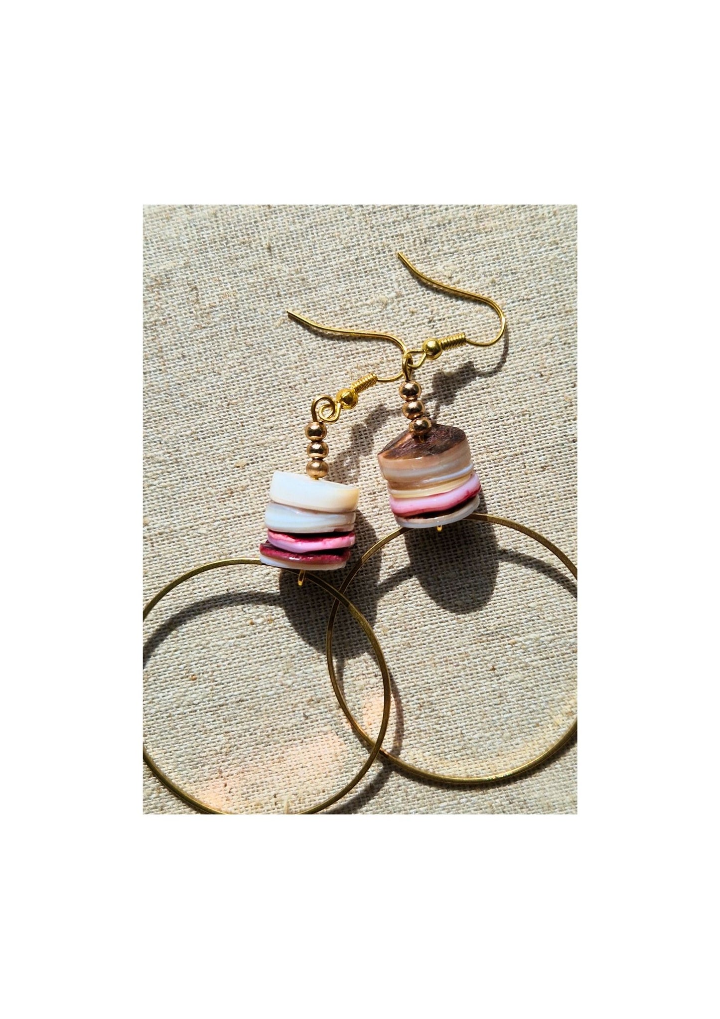 Raw Brass Hoop Earrings - with Shell Disc Stems