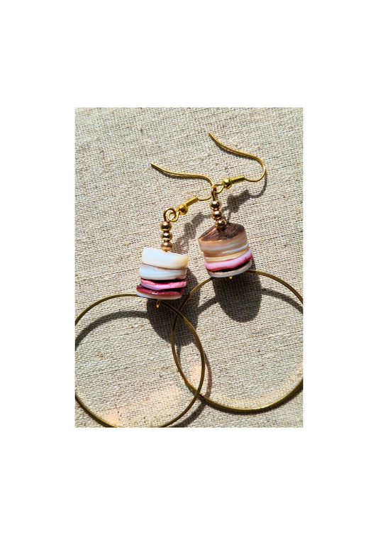 Raw Brass Hoop Earrings - with Shell Disc Stems
