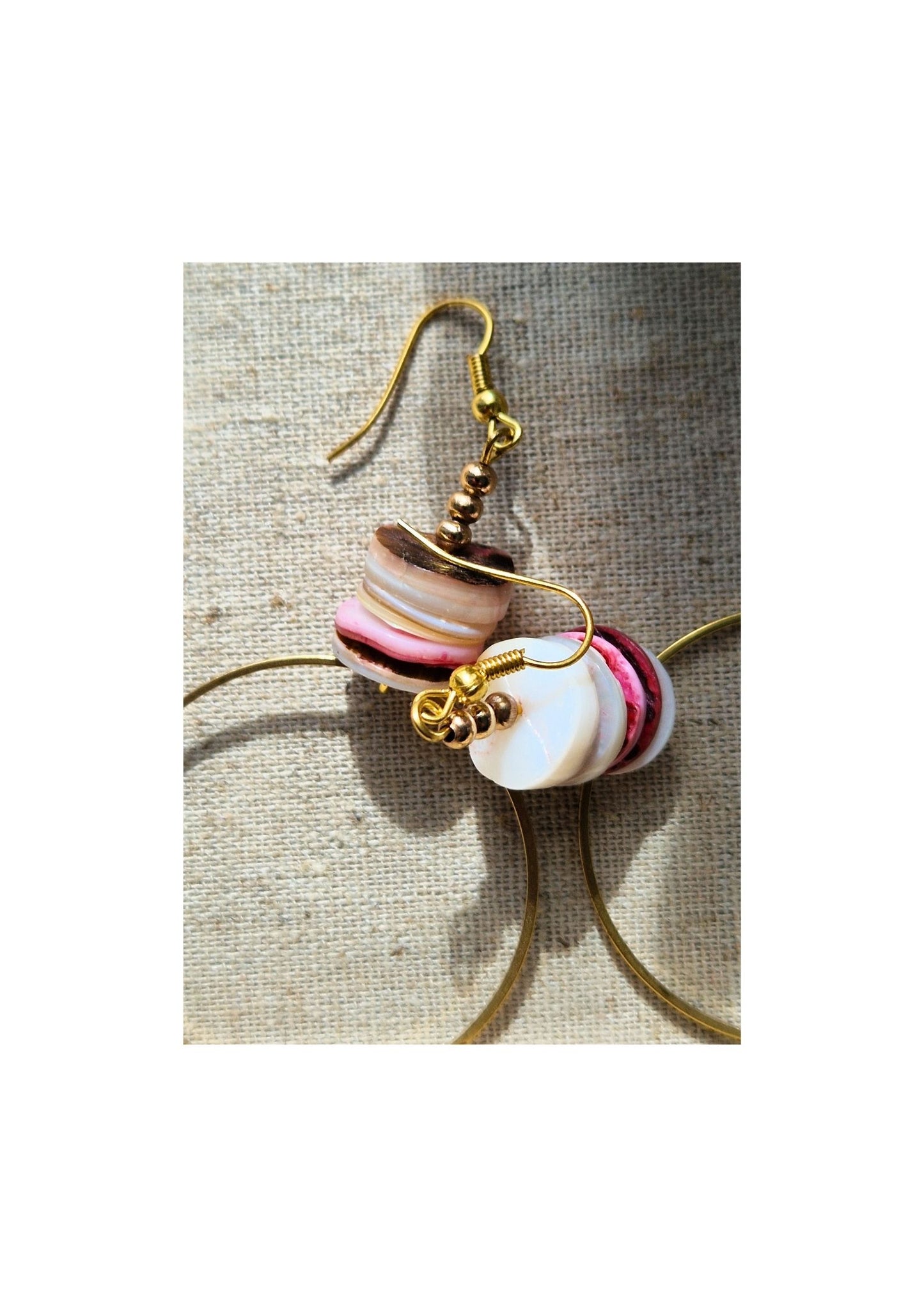 Raw Brass Hoop Earrings - with Shell Disc Stems