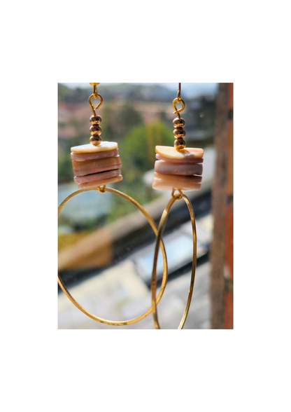 Raw Brass Hoop Earrings - with Shell Disc Stems
