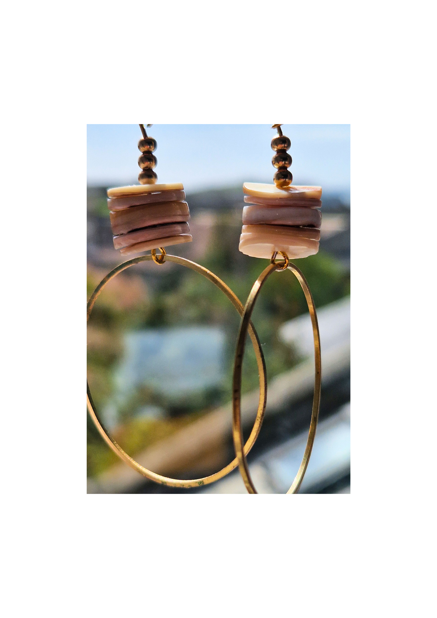 Raw Brass Hoop Earrings - with Shell Disc Stems