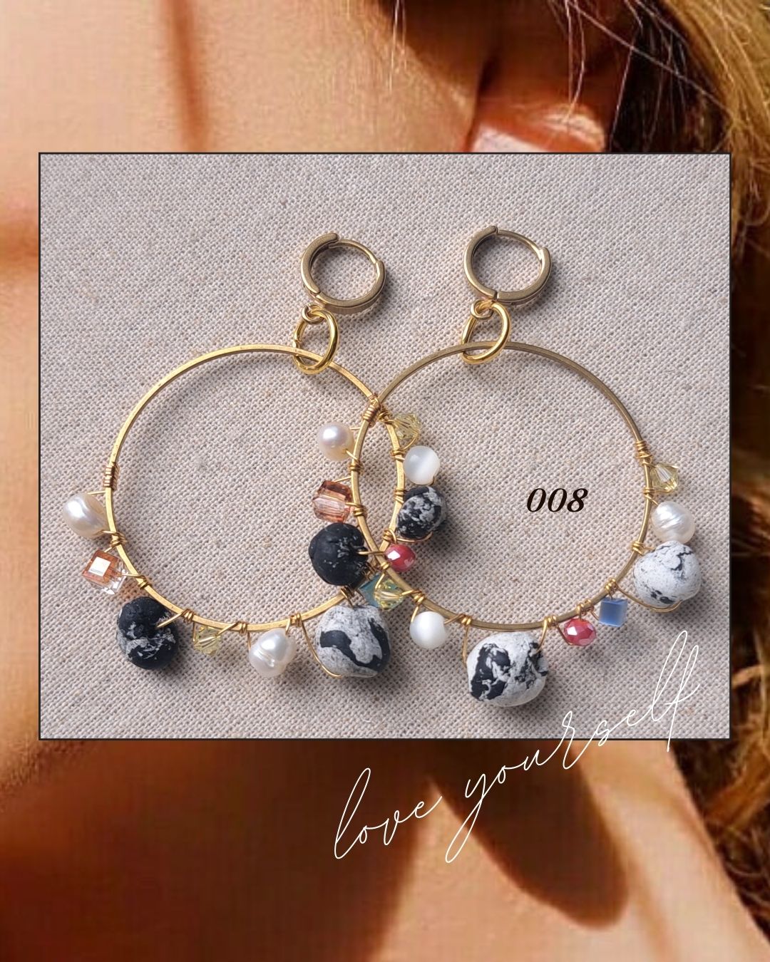 Beaded Hoops Raw Brass Earrings B/W