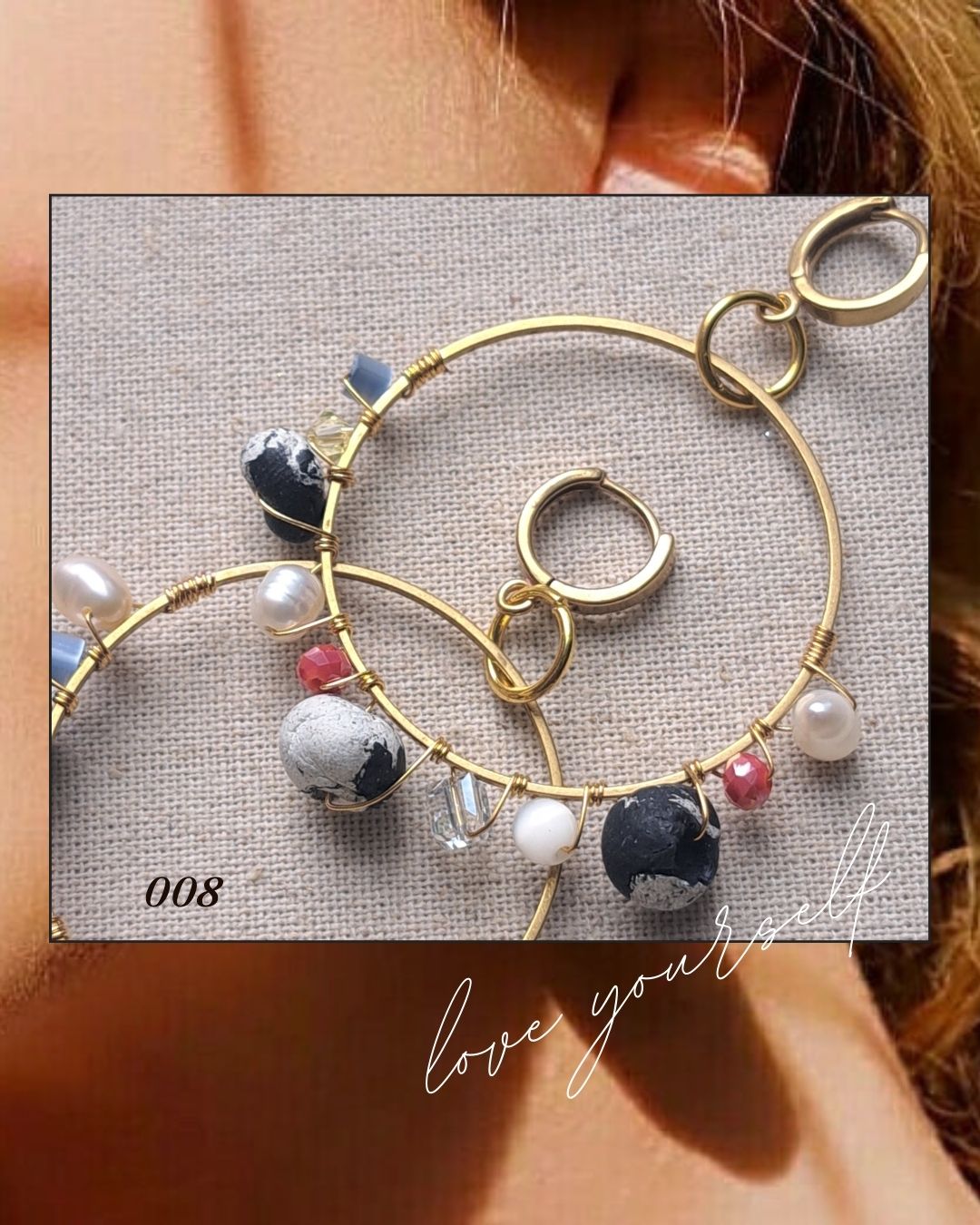 Beaded Hoops Raw Brass Earrings B/W