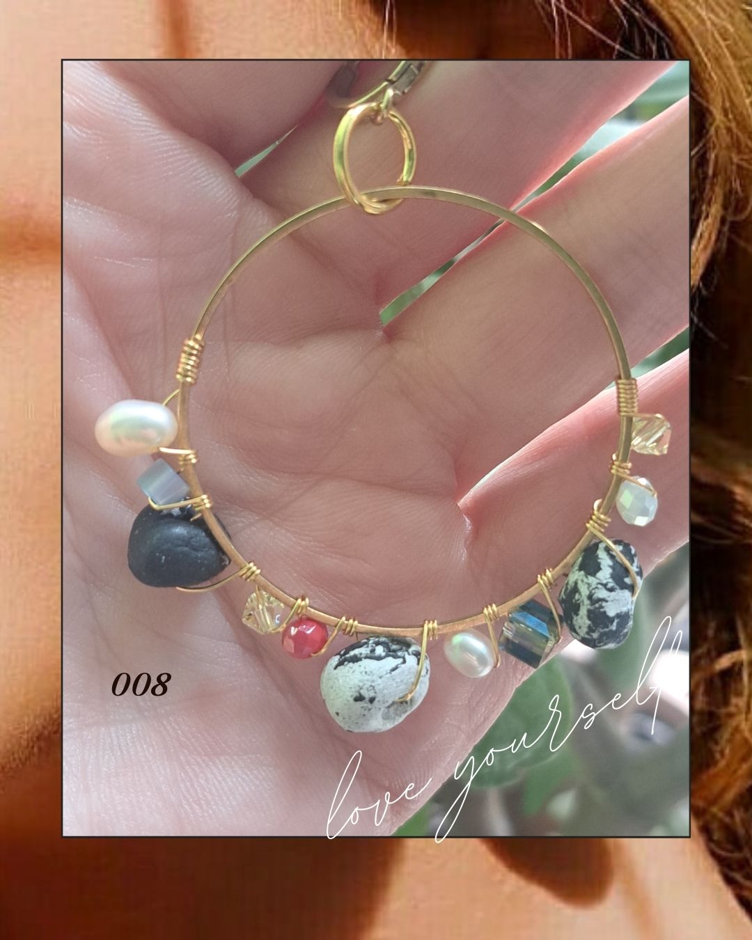 Beaded Hoops Raw Brass Earrings B/W