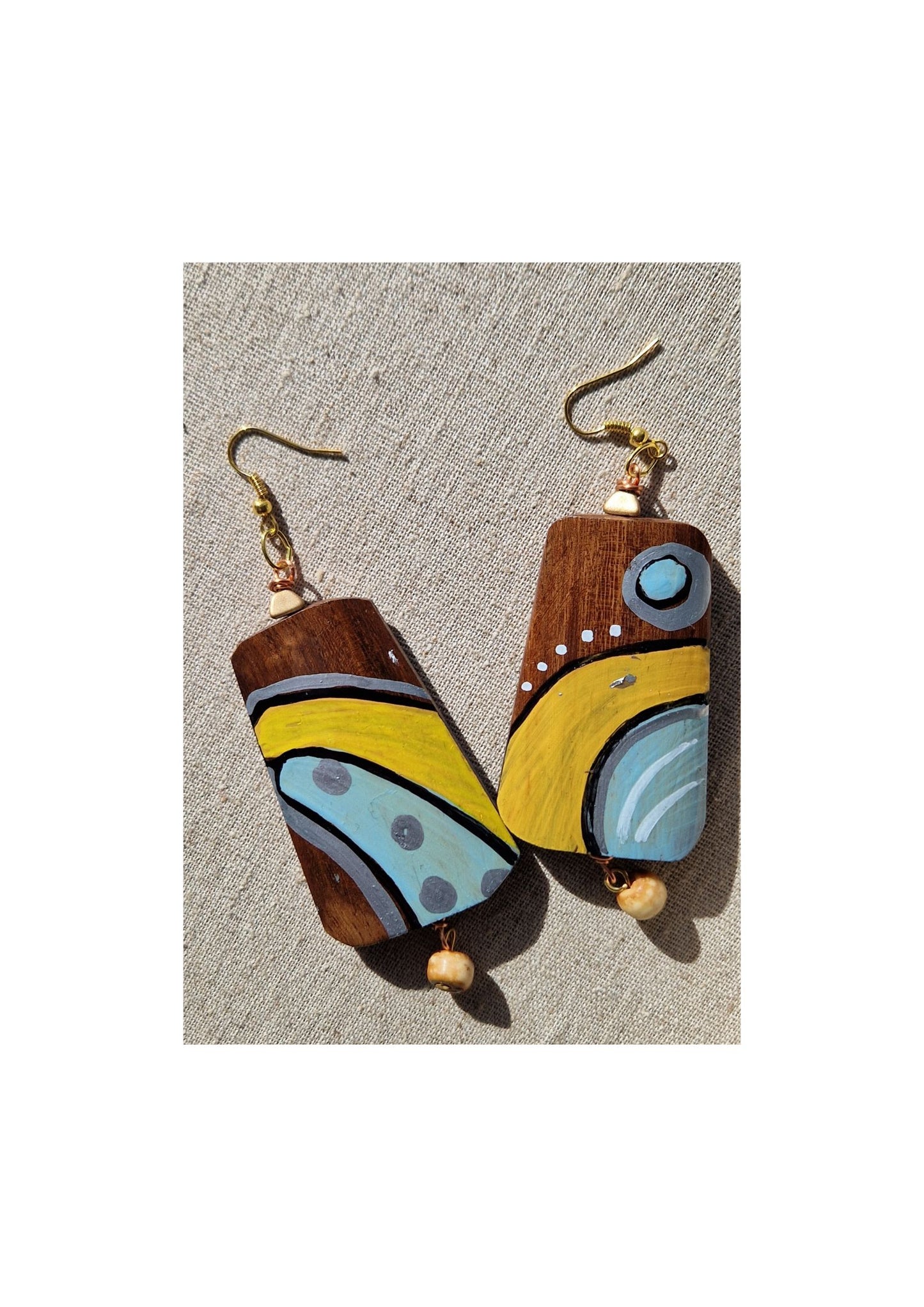 Earrings - Hand painted Wooden Bead Earrings with gold plated ear wires. Joy!