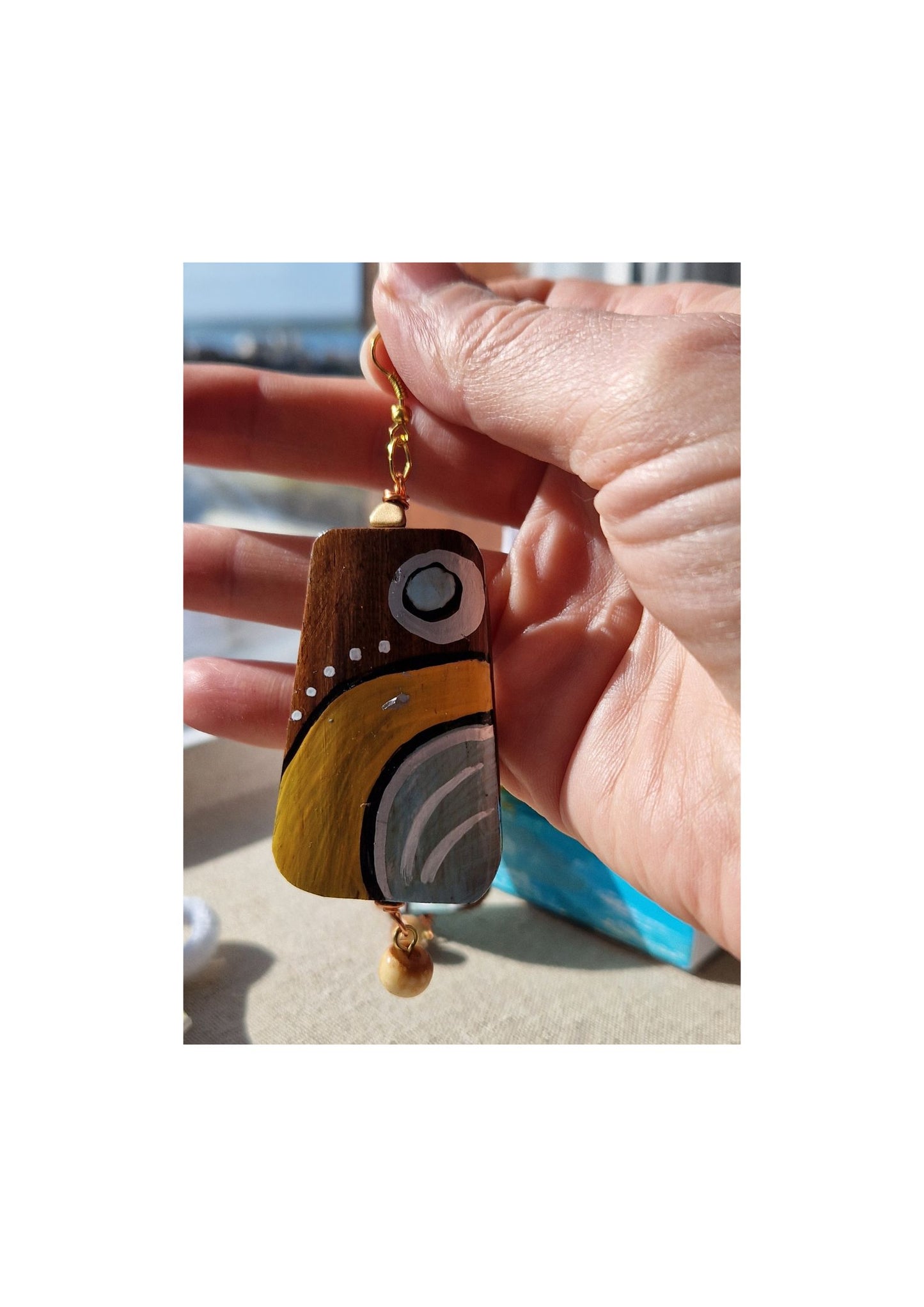 Earrings - Hand painted Wooden Bead Earrings with gold plated ear wires. Joy!