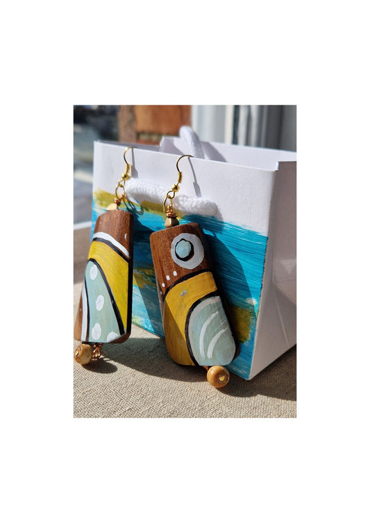 Earrings - Hand painted Wooden Bead Earrings with gold plated ear wires. Joy!