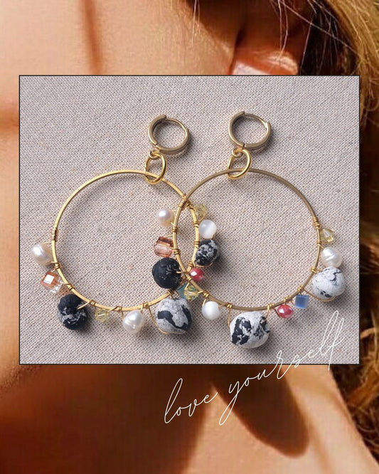 Beaded Hoops Raw Brass Earrings B/W