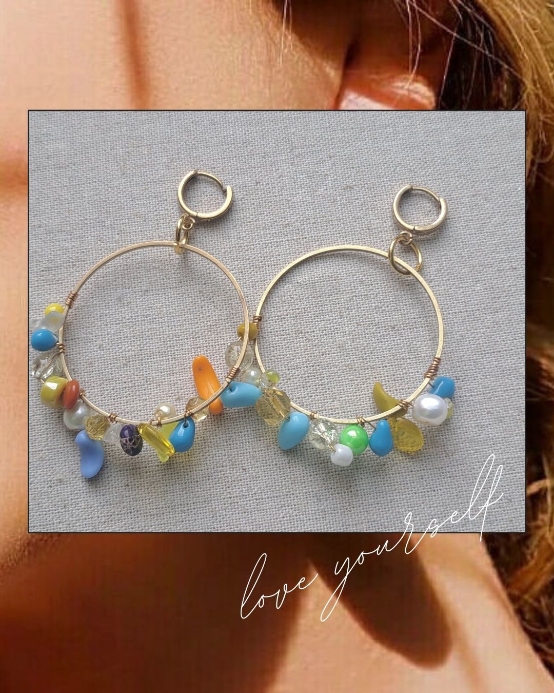 Beaded Hoops Raw Brass Earrings