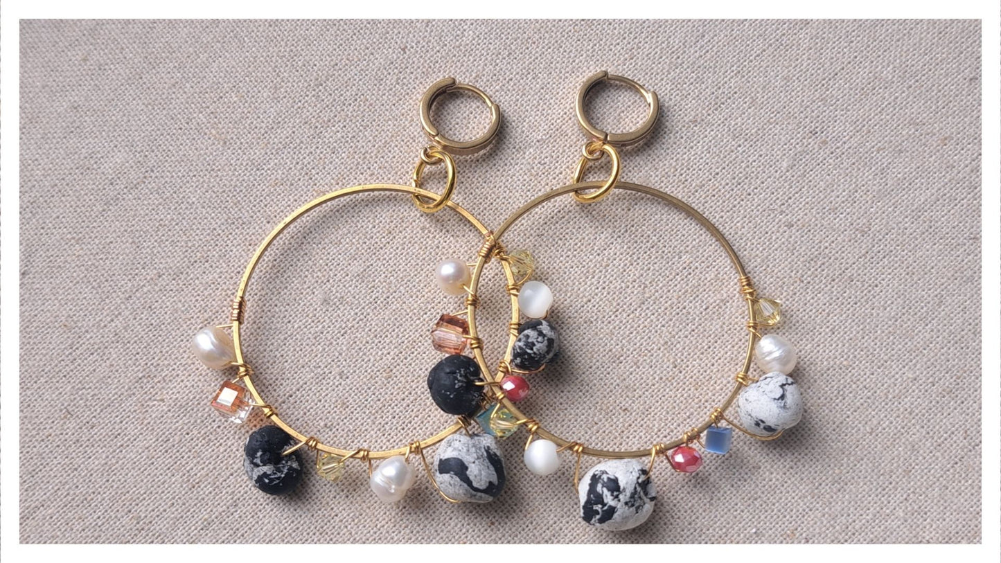 Earrings - Fresh Water Pearls and Handmade Beads wrapped around Raw Brass Hoop