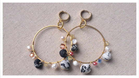 Earrings - Fresh Water Pearls and Handmade Beads wrapped around Raw Brass Hoop