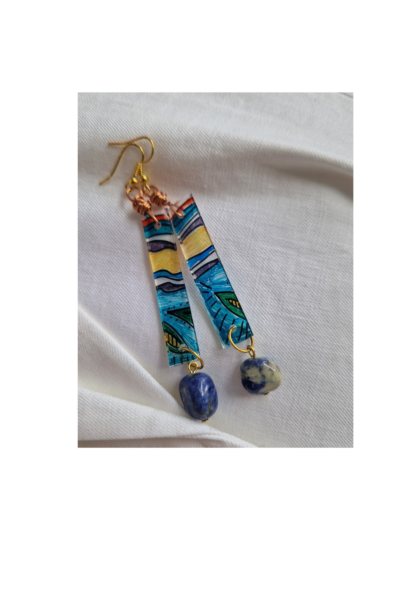Earrings - Handmade/hand drawn with Polished Stone Feature Bead