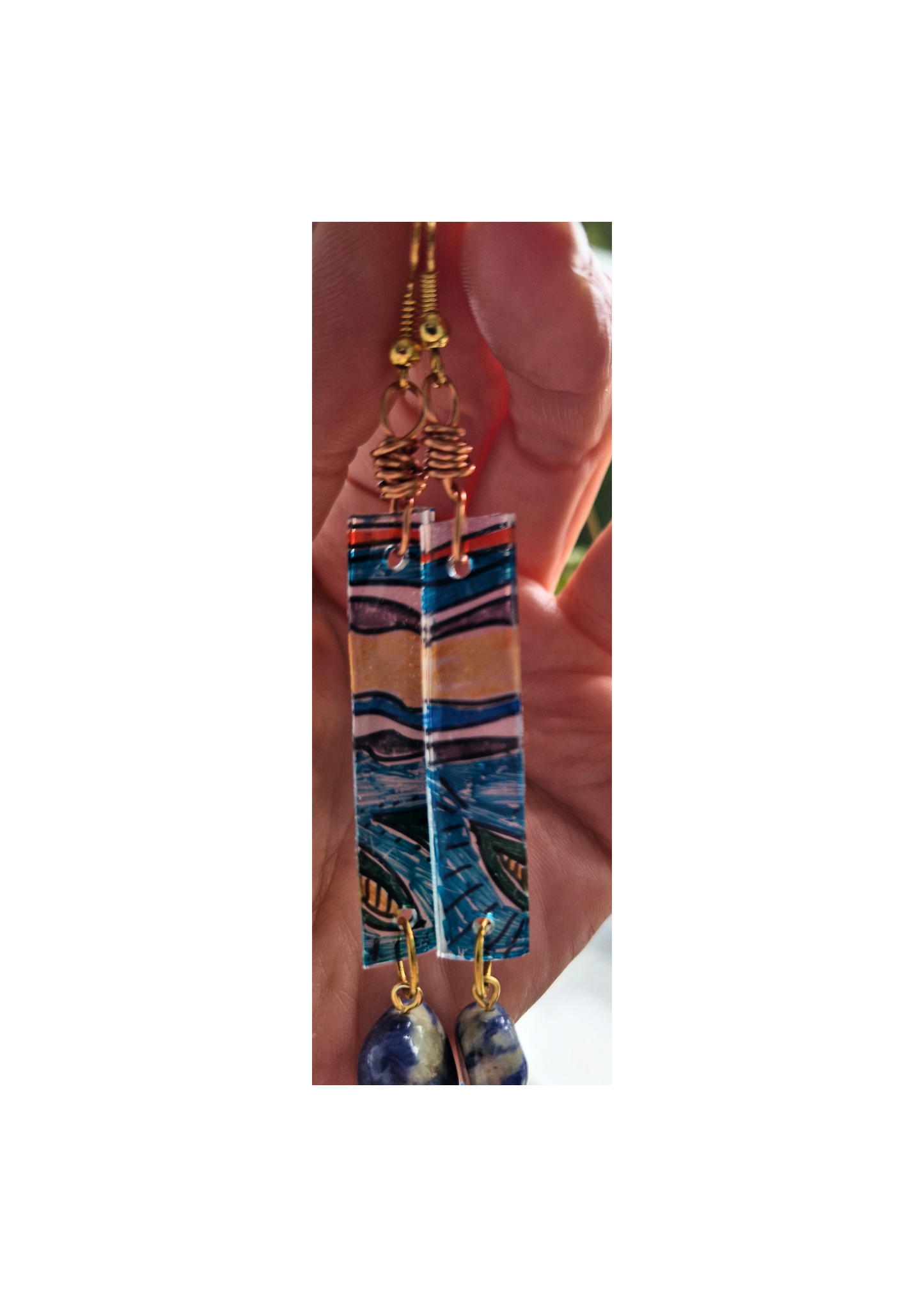 Earrings - Handmade/hand drawn with Polished Stone Feature Bead