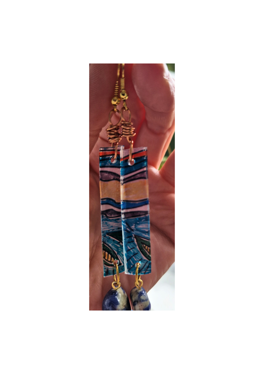 Earrings - Handmade/hand drawn with Polished Stone Feature Bead