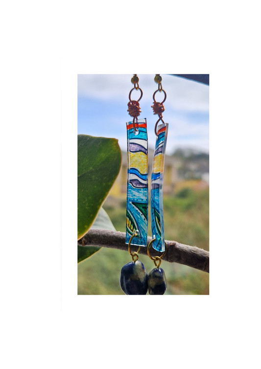 Earrings - Handmade/hand drawn with Polished Stone Feature Bead