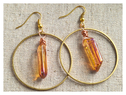 Raw Brass Hoop Earrings - Shell disc feature. Lightweight