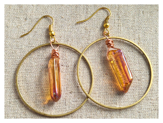 Raw Brass Hoop Earrings - Shell disc feature. Lightweight