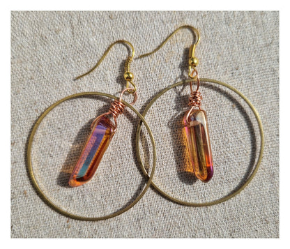 Raw Brass Hoop Earrings - Shell disc feature. Lightweight