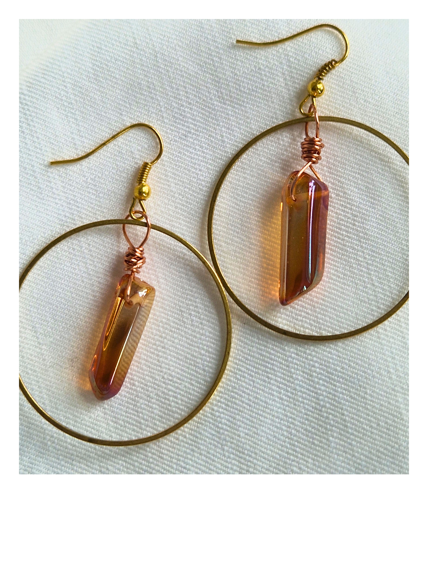 Raw Brass Hoop Earrings - Shell disc feature. Lightweight