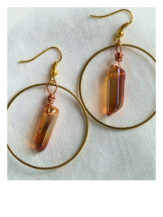Raw Brass Hoop Earrings - Shell disc feature. Lightweight