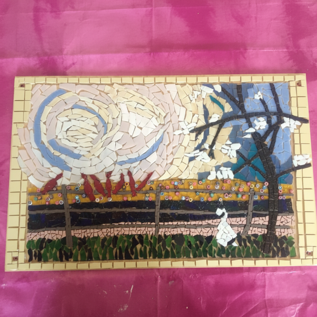 Dog and bird mosaic